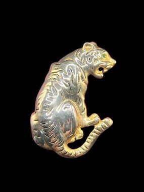 Vintage Gold Tiger Brooch With Enamel and Rhinestone Eye
